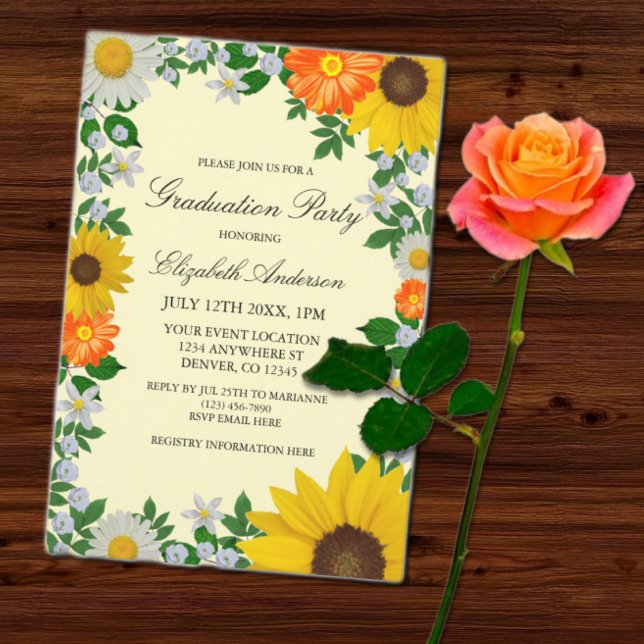 Rustic Sunflower Daisy Floral Graduation Invitation (Creator Uploaded)