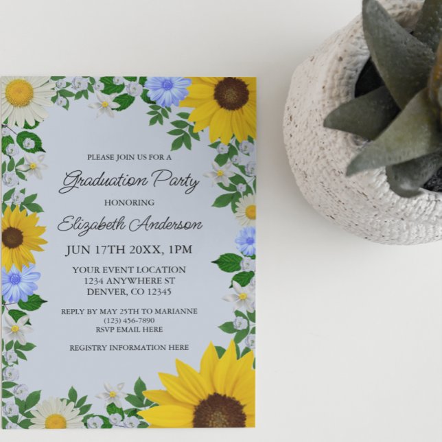Rustic Sunflower Daisy Floral Graduation Party Invitation (Creator Uploaded)
