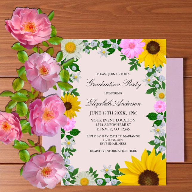 Rustic Sunflower Daisy Floral Graduation Party Vellum Invitations (Creator Uploaded)