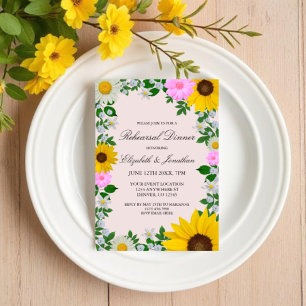 Rustic Sunflower Daisy Floral Rehearsal Dinner Invitation