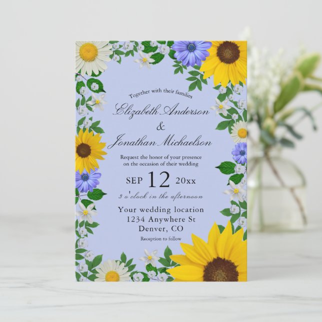 Rustic Sunflower Daisy Floral Wedding Invitation (Standing Front)