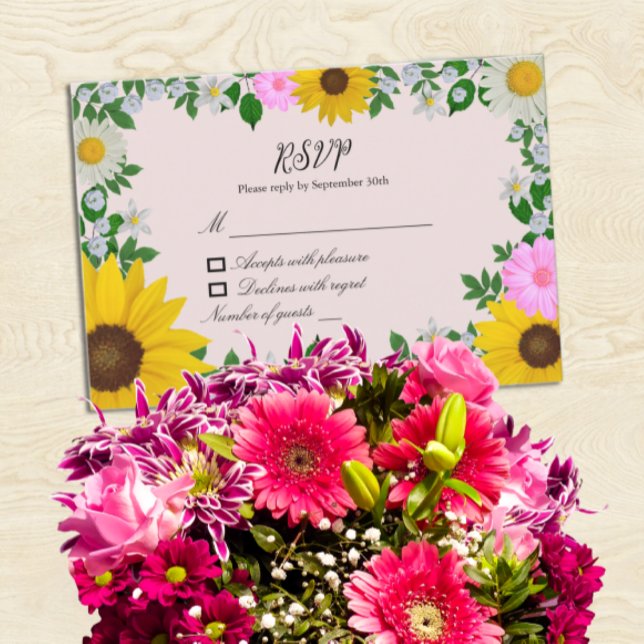 Rustic Sunflower Daisy Floral Wedding RSVP Card (Creator Uploaded)