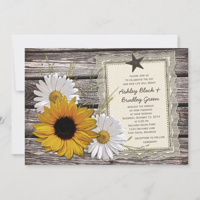 Rustic Sunflower Daisy Lace Wood Wedding Invitation (Front)