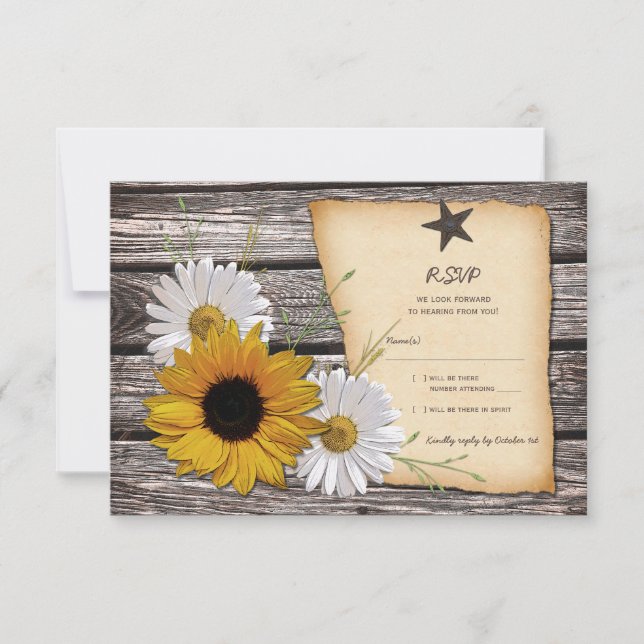 Rustic Sunflower Daisy Wedding Reply Card - Rev (Front)