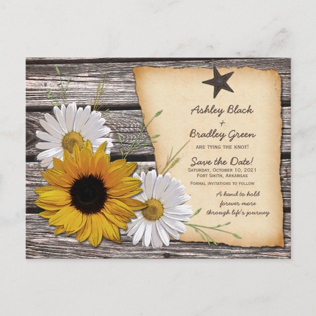 Rustic Sunflower Daisy Wedding Save the Date Announcement Postcard (Front)