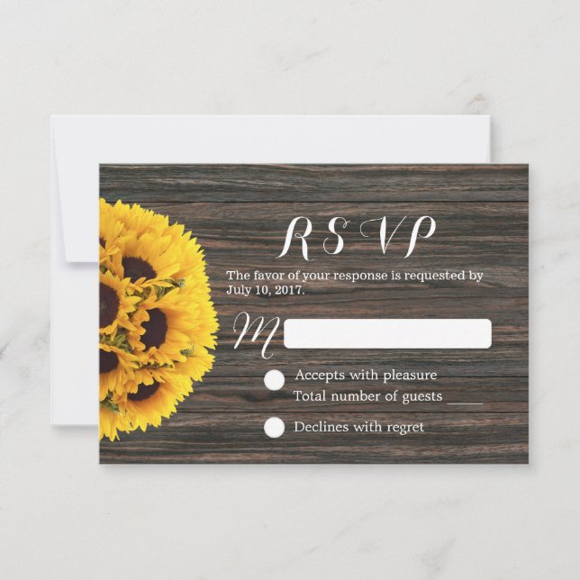 Rustic Sunflower Dark Wood Background Wedding RSVP Card (Front)