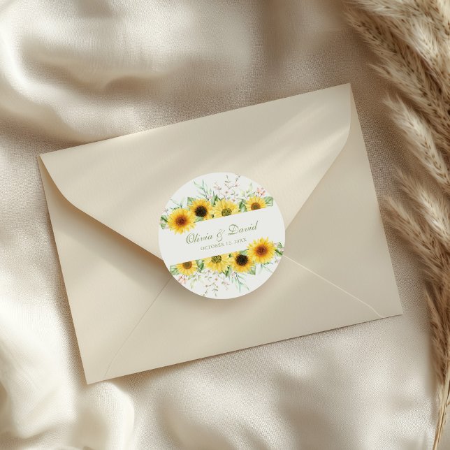 Rustic Sunflower Delight Wedding Classic Round Sticker (Rustic Sunflower Delight Wedding Classic Round Sticker on an elegant wedding envelope.)