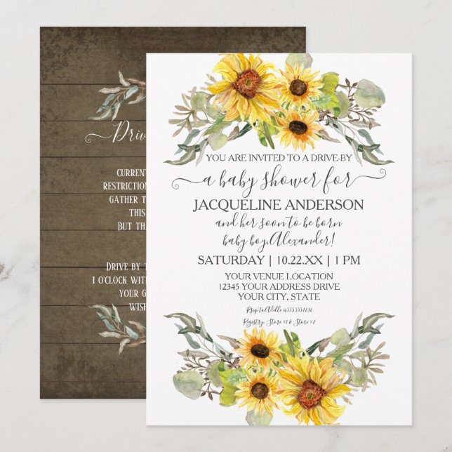 Rustic Sunflower Drive By Baby Shower Watercolor Invitation (Front/Back)