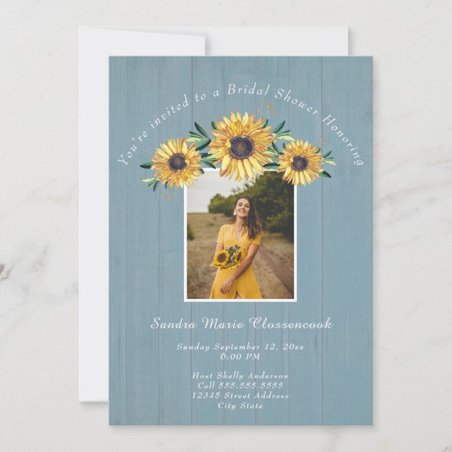 Rustic Sunflower Dusty Blue  Wedding Bridal Shower Invitation (Front)