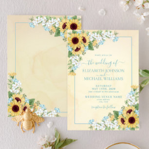Rustic Sunflower Dusty Blue Yellow Floral Wedding Invitation