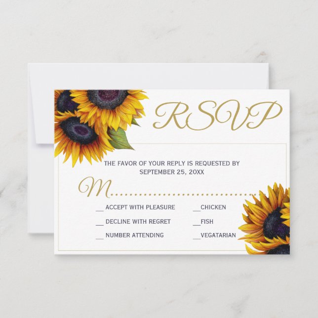 Rustic sunflower elegant chic gold script wedding RSVP card (Front)