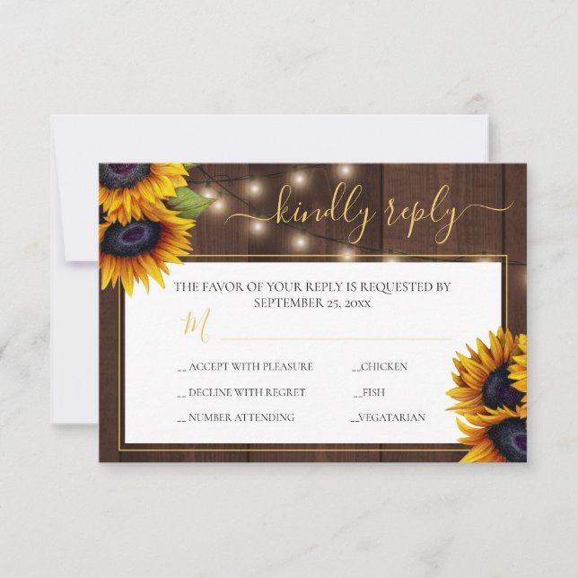 Rustic sunflower elegant gold script wood wedding RSVP card (Front)
