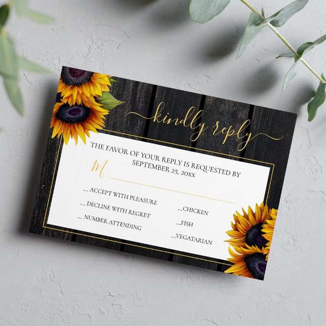 Rustic sunflower elegant script barn wood wedding RSVP card (Creator Uploaded)