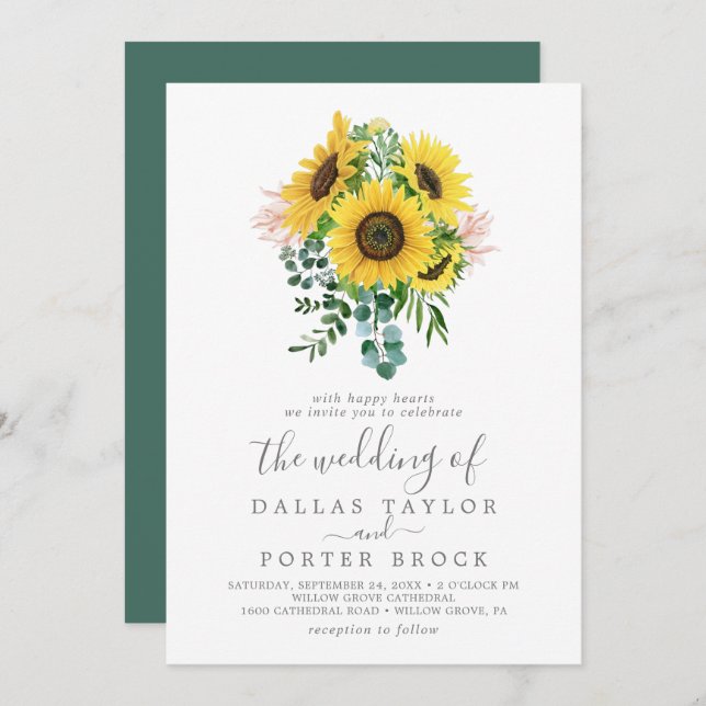 Rustic Sunflower Eucalyptus Bouquet Wedding Invitation (Front/Back)