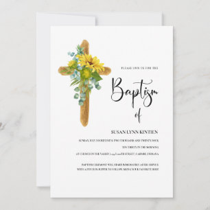 Rustic Sunflower Eucalyptus Cross Baptism Invitation