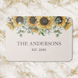 Rustic Sunflower Eucalyptus Floral Botanical Bath Mat