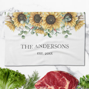 Rustic Sunflower Eucalyptus Floral Botanical Tea Towel