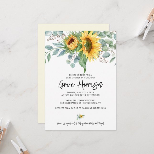 Rustic Sunflower Eucalyptus Greenery Baby Shower Invitation (Front/Back In Situ)