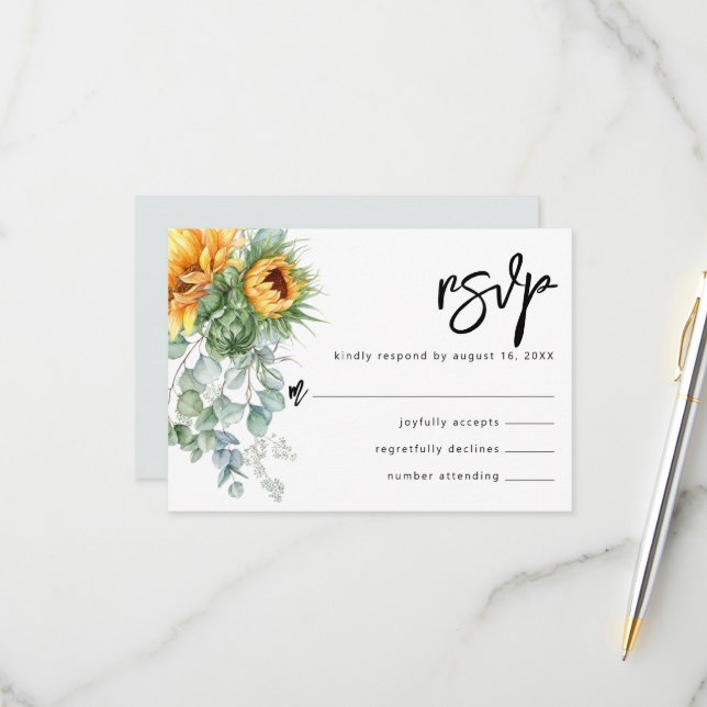 Rustic Sunflower Eucalyptus Greenery Wedding RSVP Card (Front/Back In Situ)