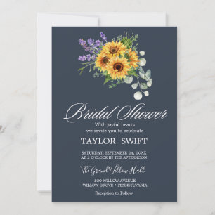 Rustic Sunflower & Eucalyptus   Navy Bridal Shower Invitation