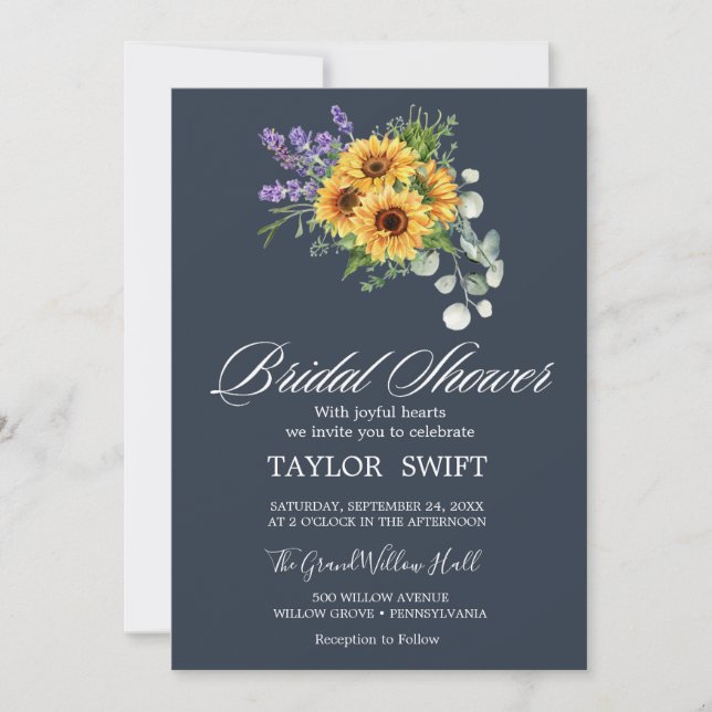 Rustic Sunflower & Eucalyptus | Navy Bridal Shower Invitation (Front)