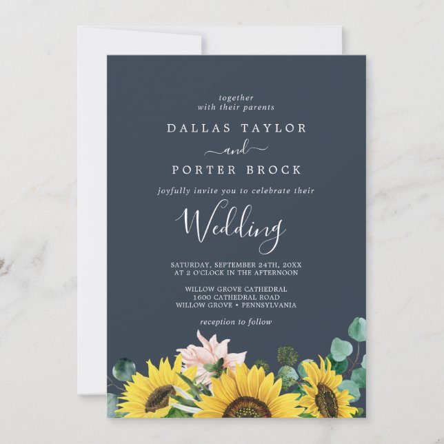 Rustic Sunflower Eucalyptus | Navy Wedding Invitation (Front)