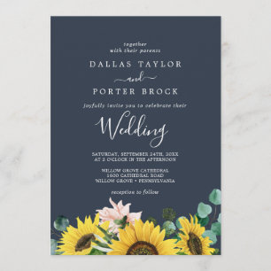 Rustic Sunflower Eucalyptus Navy Wedding Invitation