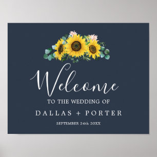 Rustic Sunflower Eucalyptus Navy Wedding Welcome Poster