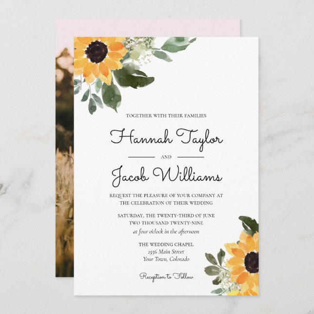 Rustic Sunflower Eucalyptus Photo Invitation (Front/Back)