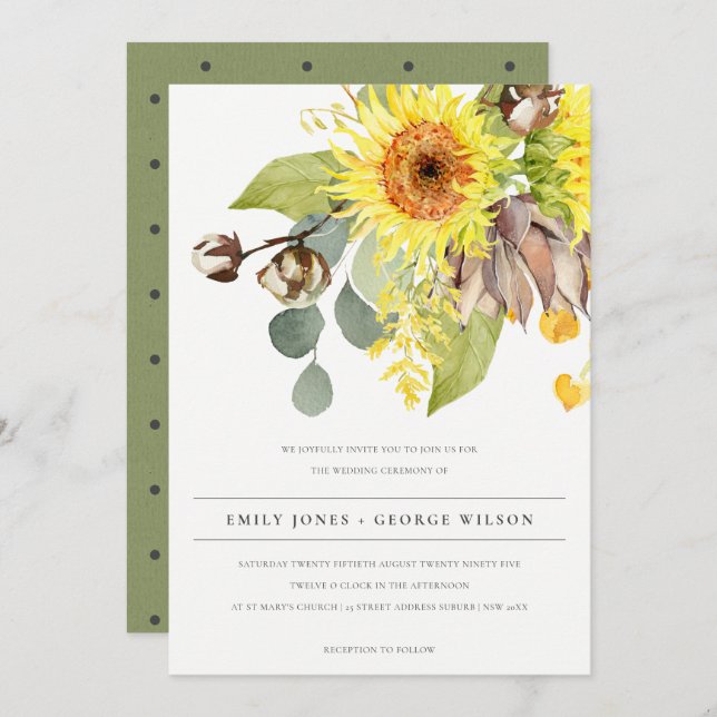 RUSTIC SUNFLOWER EUCALYPTUS PINE FLORAL WEDDING INVITATION (Front/Back)