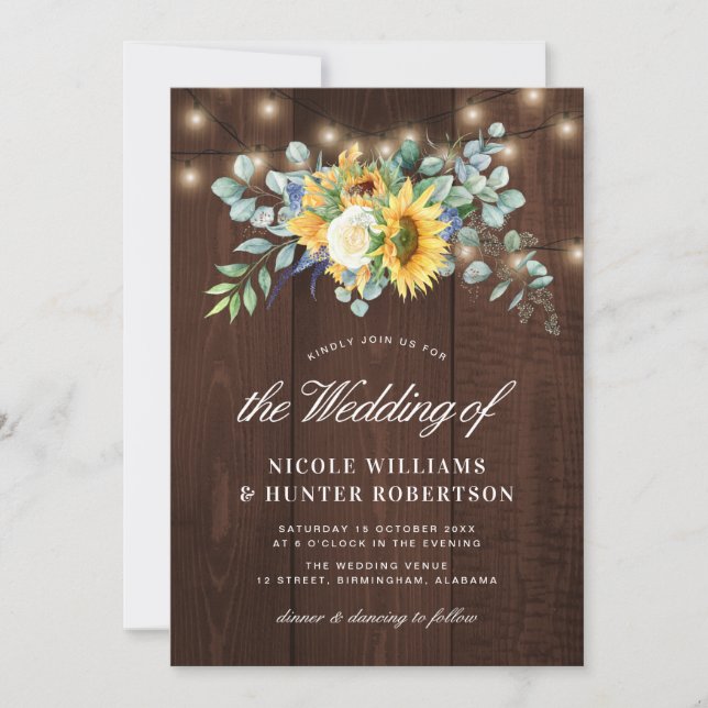 Rustic sunflower eucalyptus string lights wedding invitation (Front)