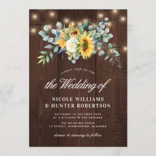 Rustic sunflower eucalyptus string lights wedding invitation