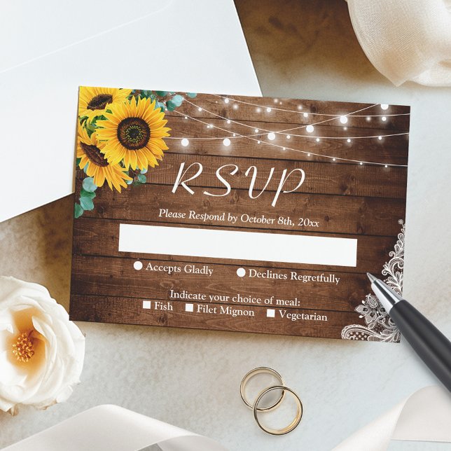 Rustic Sunflower Eucalyptus String Lights Wedding RSVP Card (Creator Uploaded)