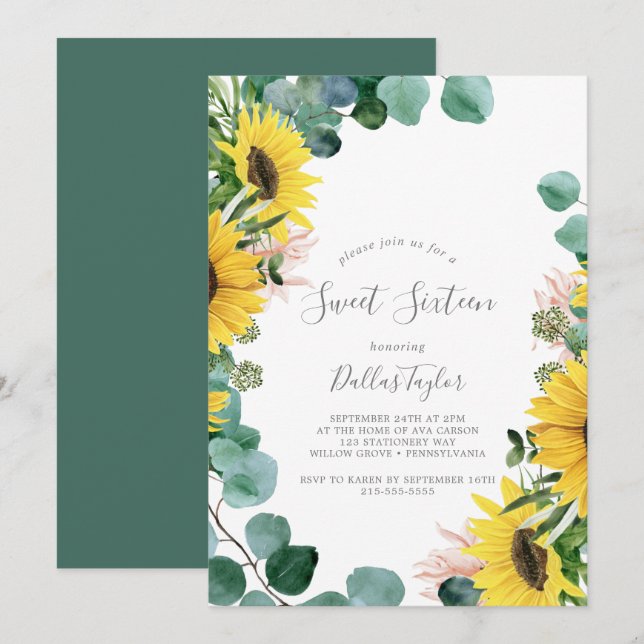 Rustic Sunflower Eucalyptus Sweet Sixteen Birthday Invitation (Front/Back)