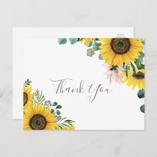 Rustic Sunflower Eucalyptus Thank You Postcard (Front/Back)