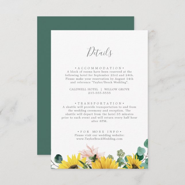 Rustic Sunflower Eucalyptus Wedding Details Enclosure Card (Front/Back)