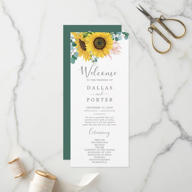 Rustic Sunflower Eucalyptus Wedding Program Programme (Front/Back In Situ)