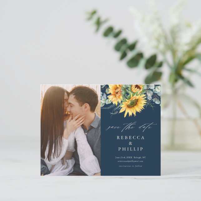 Rustic Sunflower Eucalyptus Wedding Save The Date Announcement Postcard (Standing Front)