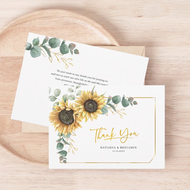 Rustic Sunflower Eucalyptus Wedding Thank You Card (Sunflower Floral Script Wedding Thank You Card)
