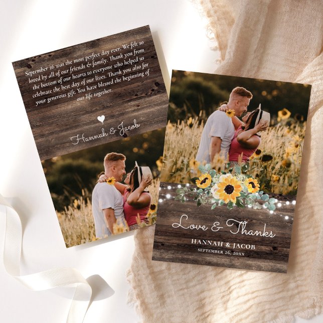 Rustic Sunflower Eucalyptus Wood Wedding Thank You Card (Creator Uploaded)