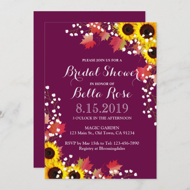 Rustic Sunflower Fall Plum Bridal Shower Cards (Front/Back)