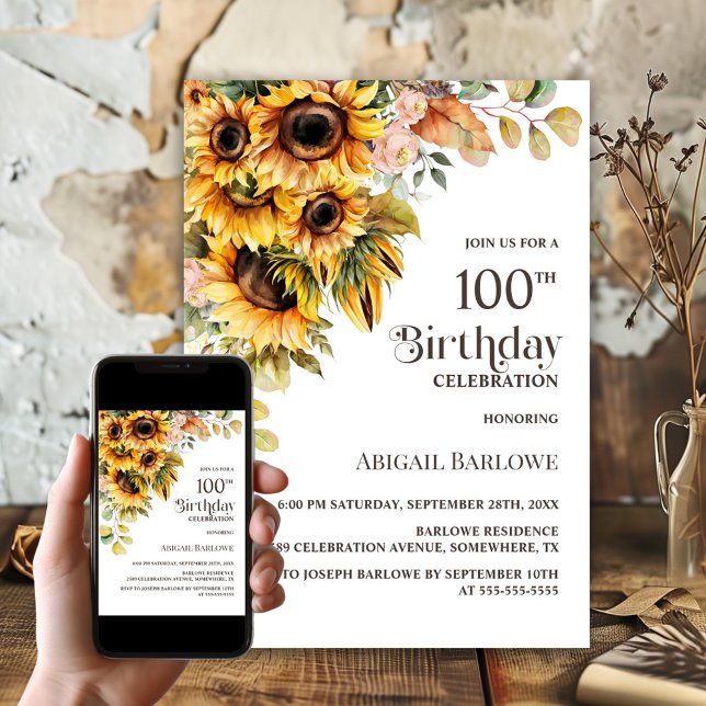 Rustic Sunflower Floral 100th Birthday Party Invitation (Creator Uploaded)