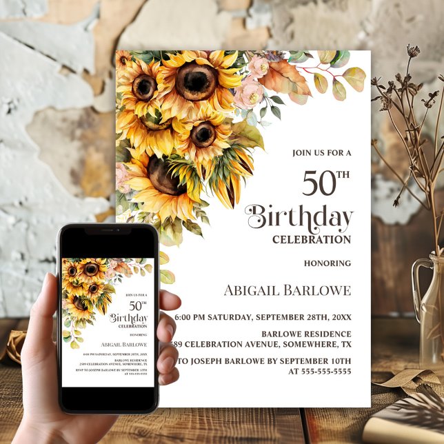 Rustic Sunflower Floral 50th Birthday Party Invitation (Creator Uploaded)