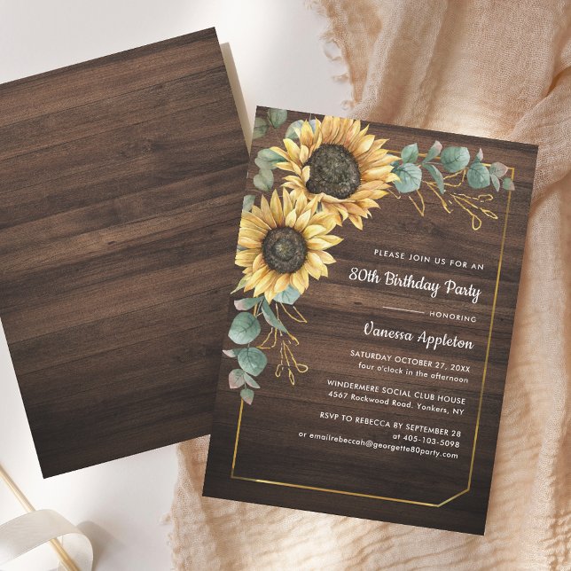 Rustic Sunflower Floral 80th Birthday Party Invitation (Rustic Sunflower Eucalyptus Wood Look 80th Birthday Party Invitation)