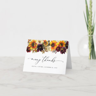 Rustic Sunflower Floral Autumn Burgundy Wedding Thank You Card