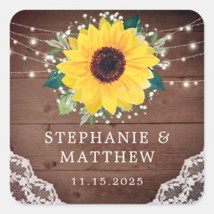 Rustic Sunflower Floral Babys Breath Wedding Square Sticker