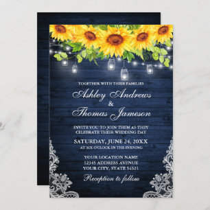 Rustic Sunflower Floral Blue Wood Jar Lights Lace Invitation