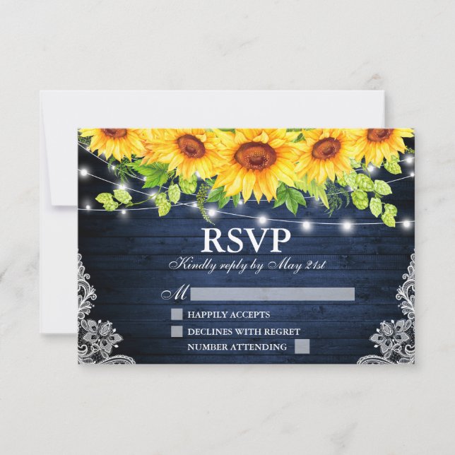 Rustic Sunflower Floral Blue Wood Lights Lace RSVP Card (Front)