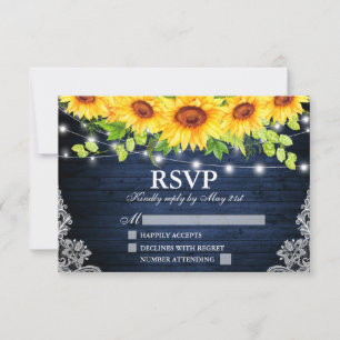 Rustic Sunflower Floral Blue Wood Lights Lace RSVP Card