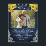Rustic Sunflower Floral Blue Wood Lights Photo Announcement Postcard<br><div class="desc">Rustic Blue Wood String Lights Watercolor Sunflower Floral and Greenery Lace Wedding Save The Date Postcard</div>